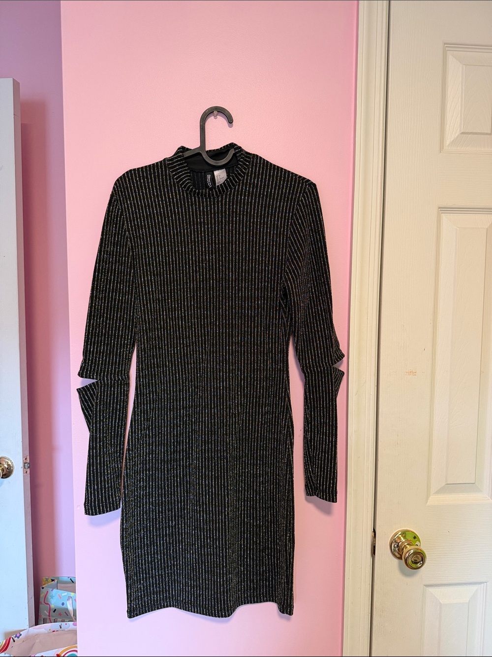 H&M Black Metallic Ribbed Long Sleeve Mock Neck Dress